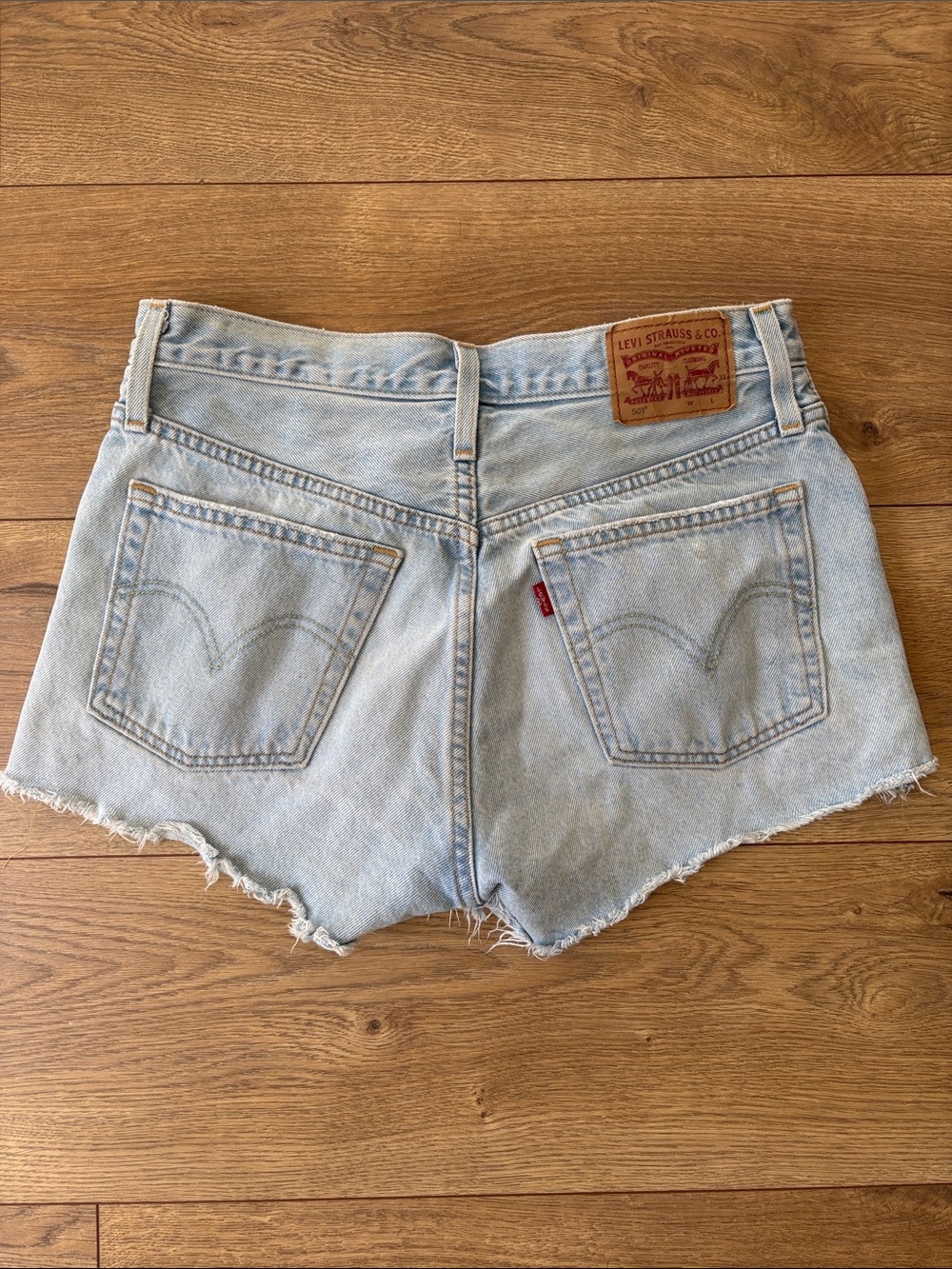 Levi's 501 Light Wash Distressed Denim Jean Cutoff Shorts - Picture 2 of 7